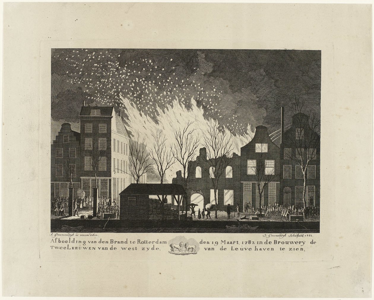 Fire in the Brewery De Twee Leeuwen in Rotterdam, 1782 by Jacob Groenendijk