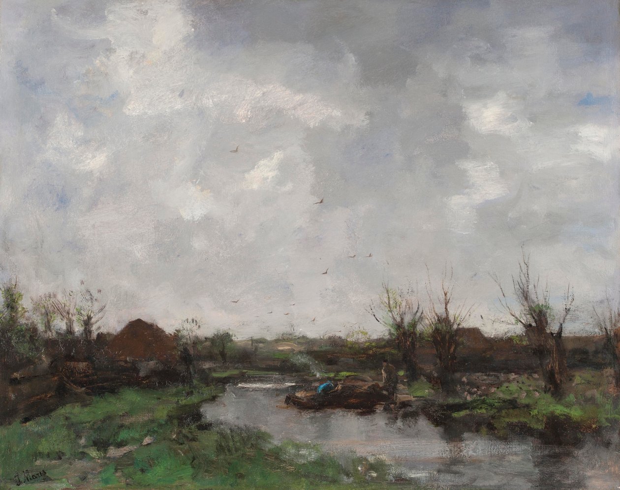 A River Landscape with Farm Houses, Late 1870s by Jacob Henricus or Hendricus Maris