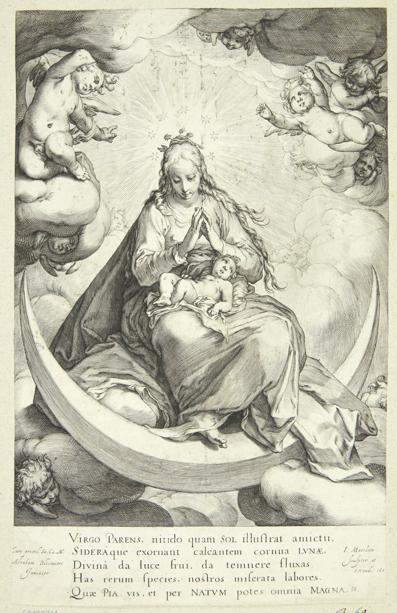 Virgin Mary with the Christ Child on the Crescent Moon, Surrounded by Angels by Jacob Matham