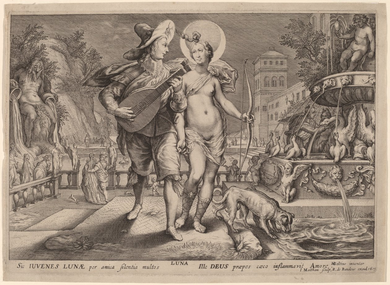 Diana as Luna Accompanying a Young Man Serenading by Jacob Matham, after Hendrik Goltzius