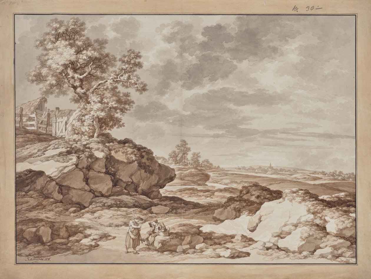 Landscape with Village and Two Farmers by Jacob Matthias Schmutzer