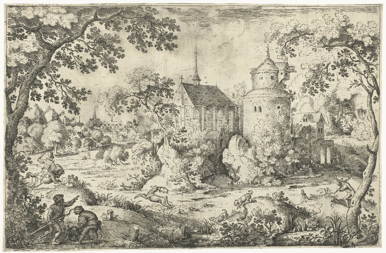 Deer Hunt near a Chapel (series title: Two Deer Hunt Scenes) by Jacob Savery (I)