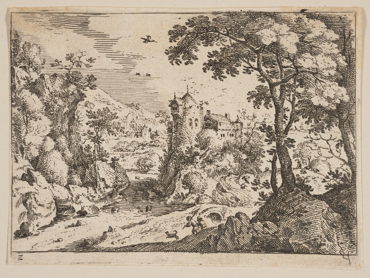 Stream between Rocky Hillside and Castle, from Landscapes by Jacob Savery I