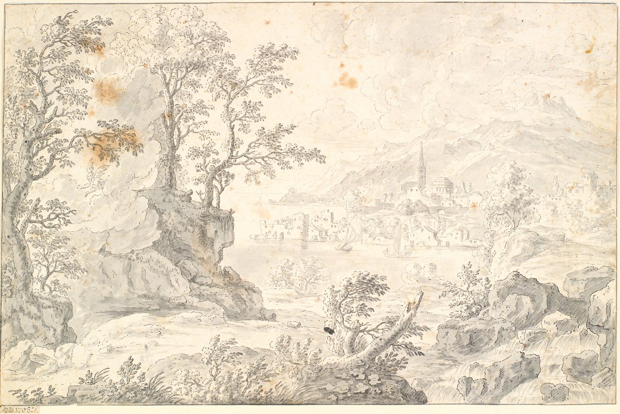 Landscape with a City (Hamburg?) by the Lake or Sea View by Jacob Stockmann