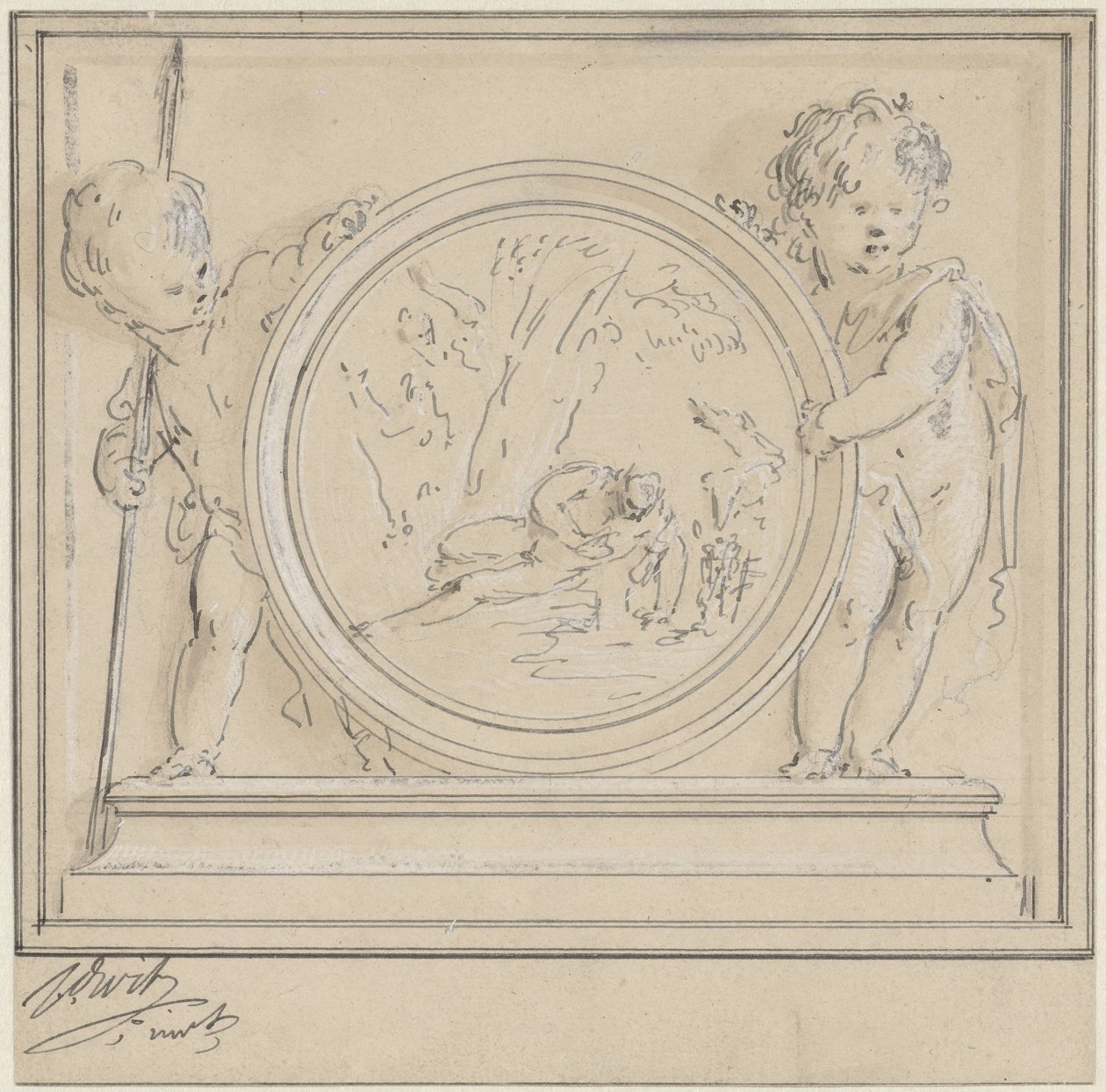 Two Putti with Medallion, Featuring Narcissus and Echo by Jacob de Wit