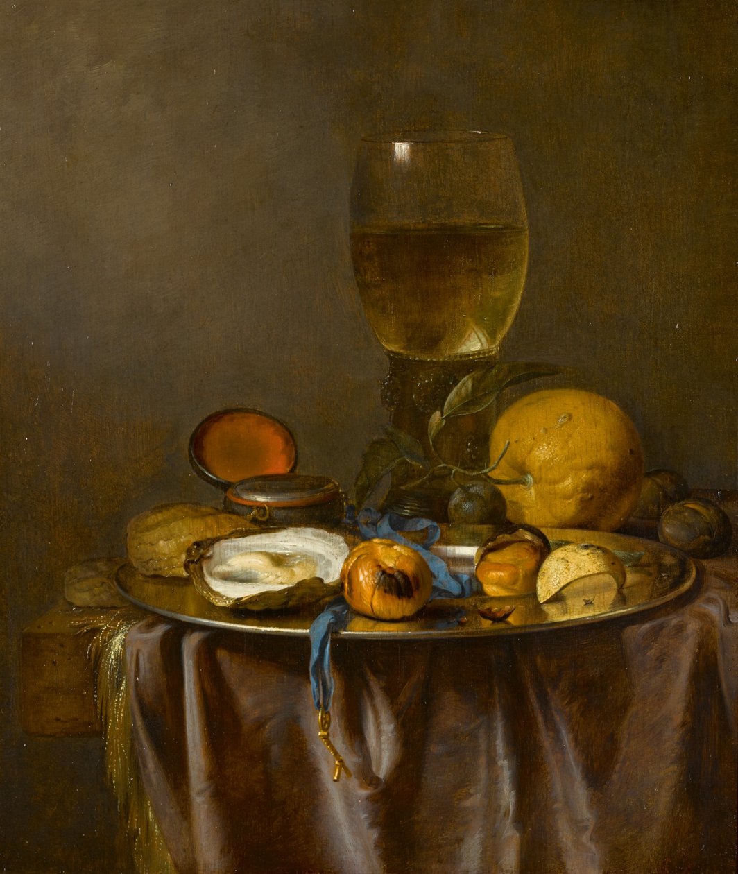Still life with a roemer, timepiece, oyster and fruit by Jacob van Walscapelle