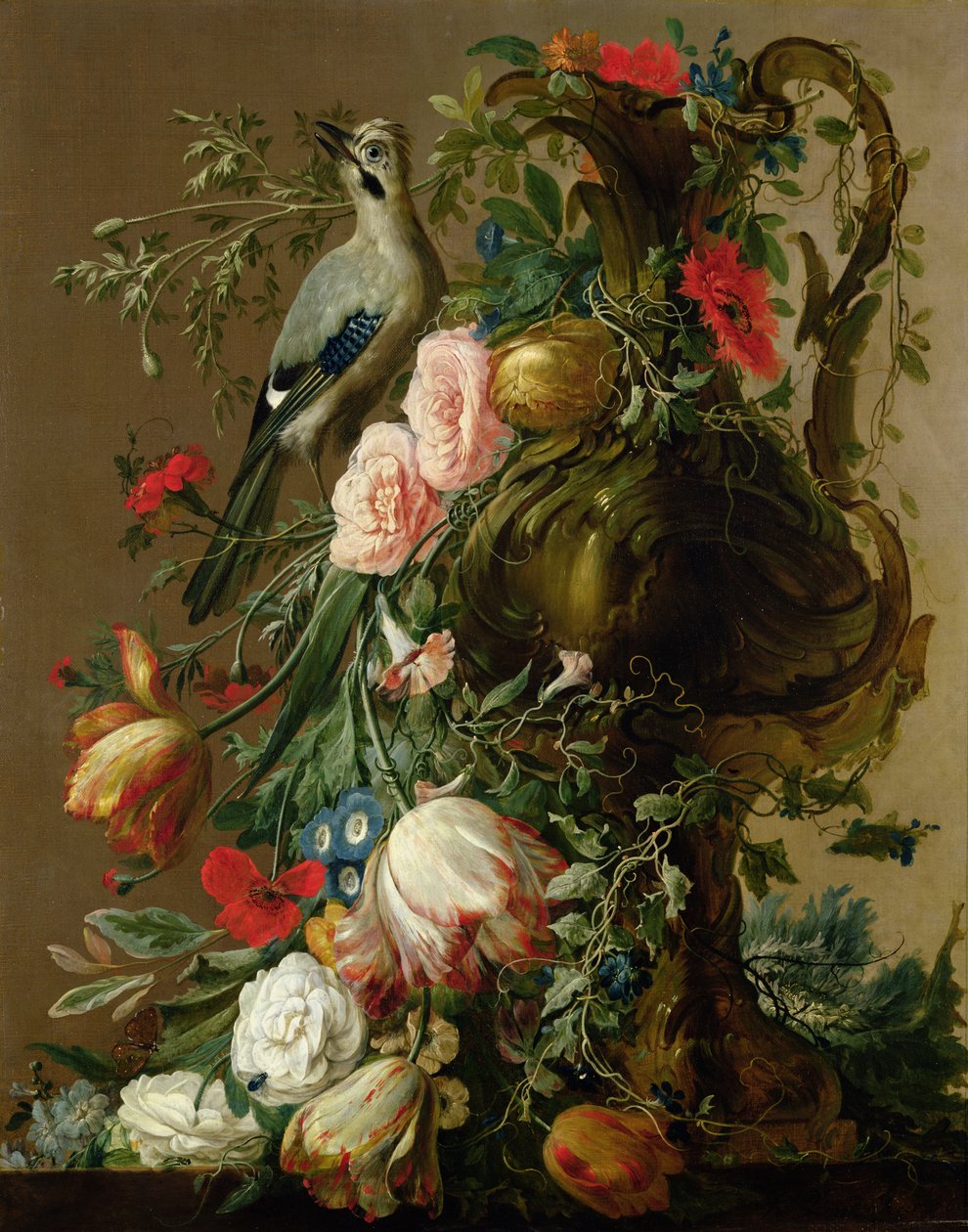 A Sculpted Stone Vase with Roses, Auricula, Poppies, Convulvulus, with a Jay on a Ledge by Jacobes Vonck