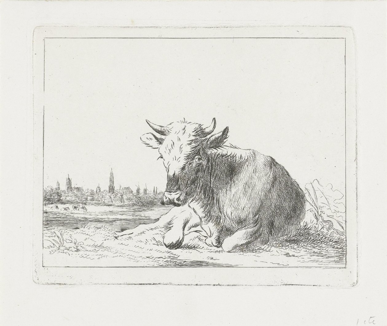 Lying Cow, with a City in the Background by Jacobus Cornelis Gaal