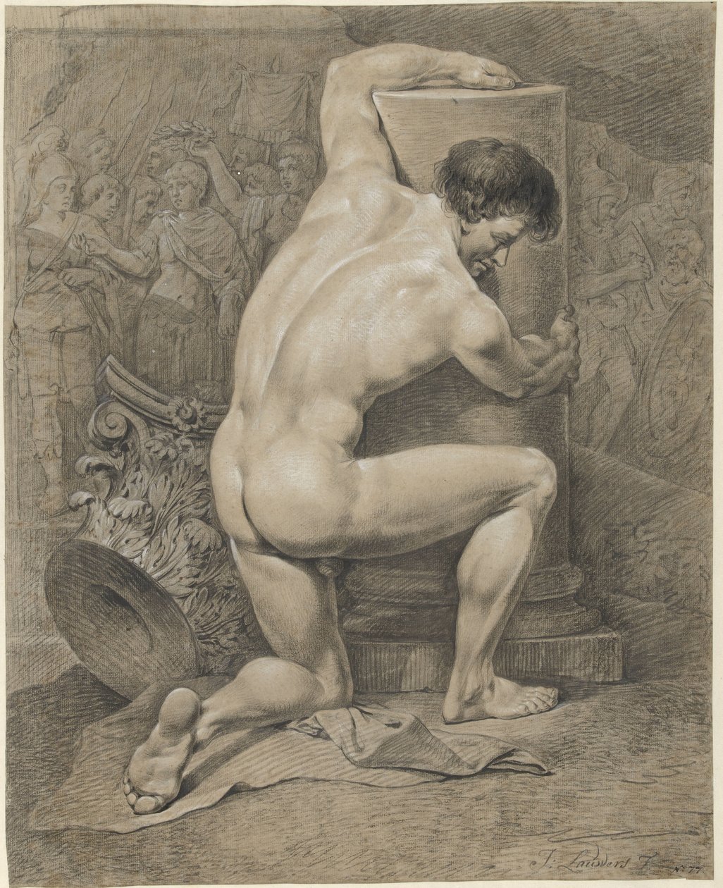 Kneeling Male Nude, Arms Around a Column by Jacobus Johannes Lauwers