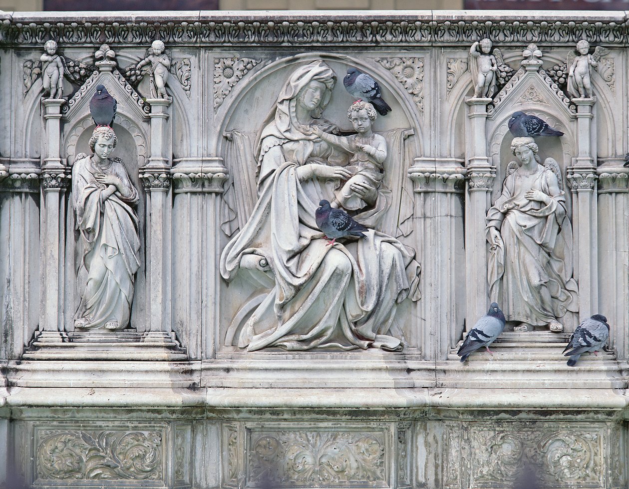 Virgin and Child with Saints, Middle Section of the Fonte Gaia, Siena, 1414-19 by Jacopo della Quercia