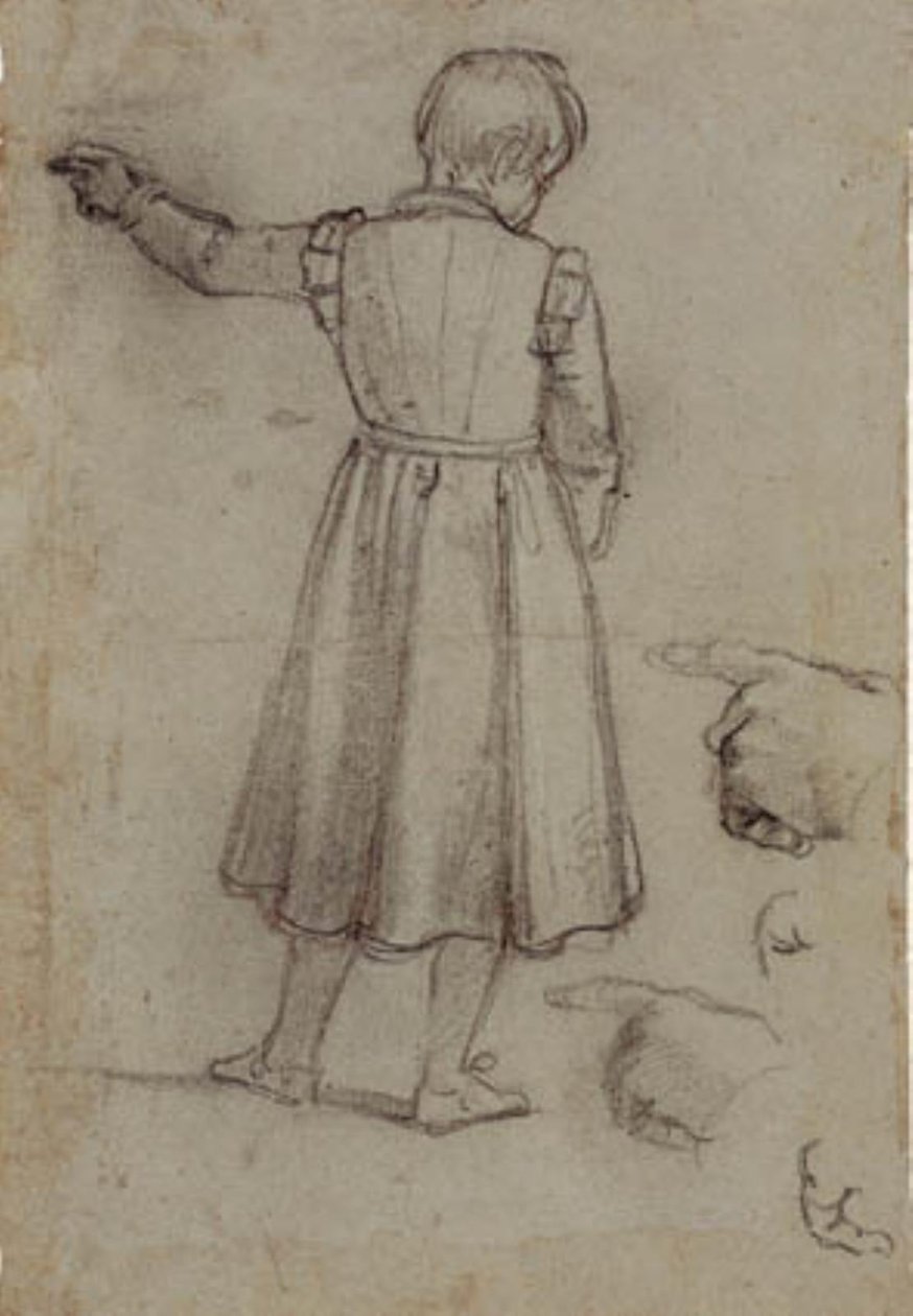 Standing Boy Seen from Behind Pointing Left, and Four Studies for His Left Hand by Jacopo da Empoli