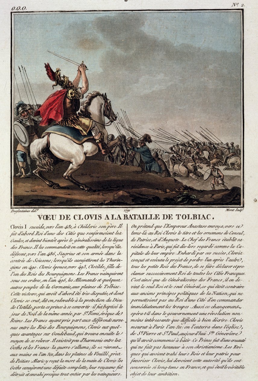 Clovis I at the Battle of Tolbiac, engraved by Jean Baptiste Morret by Jacques Francois Joseph Swebach