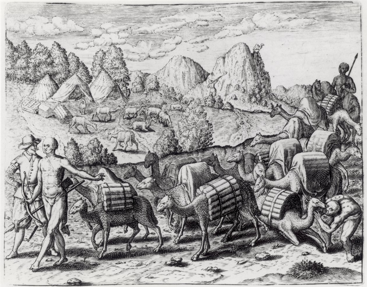 Pack Train of Llamas Laden with Silver from Potosi Mines of Peru, engraved by Theodore de Bry, from 