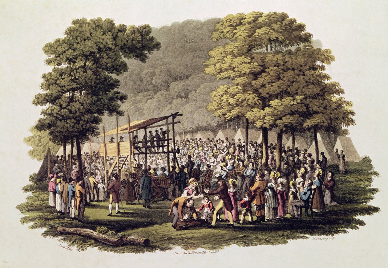 Camp Meeting of the Methodists in North America, engraved by Matthew Dubourg (fl.1813-20) by Jacques Milbert