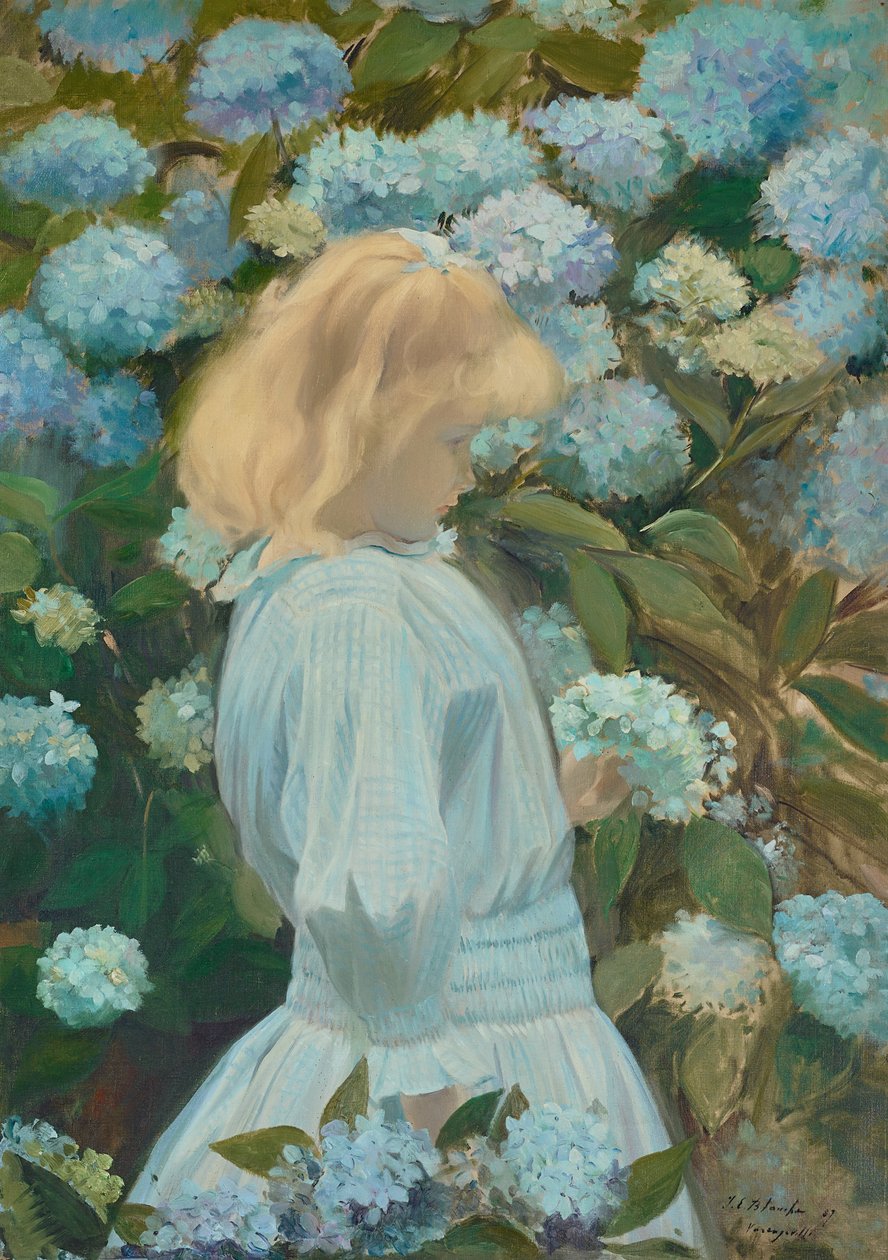 Young Girl with Hortensias by Jacques Emile Blanche