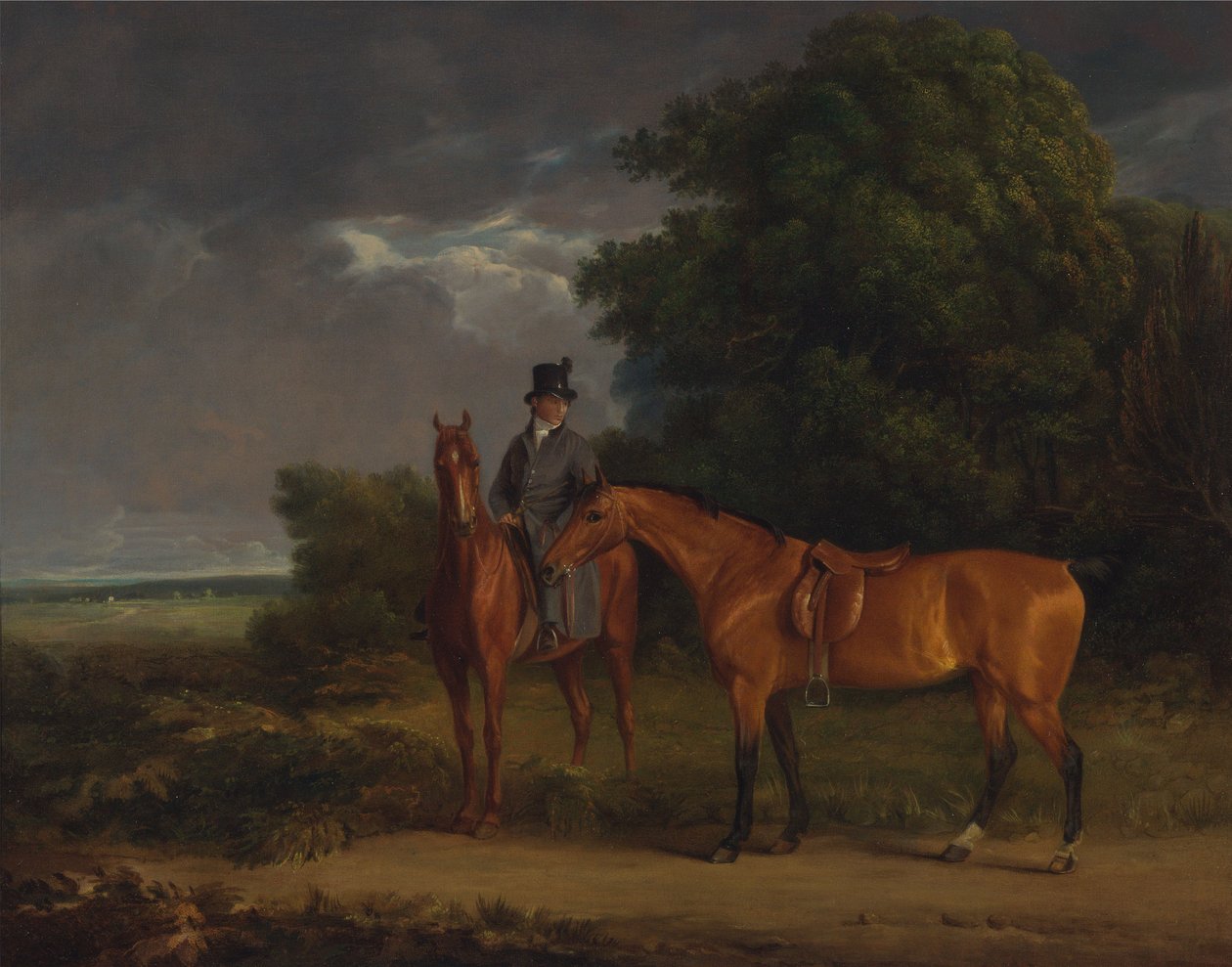A Groom Mounted on a Chestnut Hunter, He Holds a Bay Hunter by the Reins by Jacques-Laurent Agasse