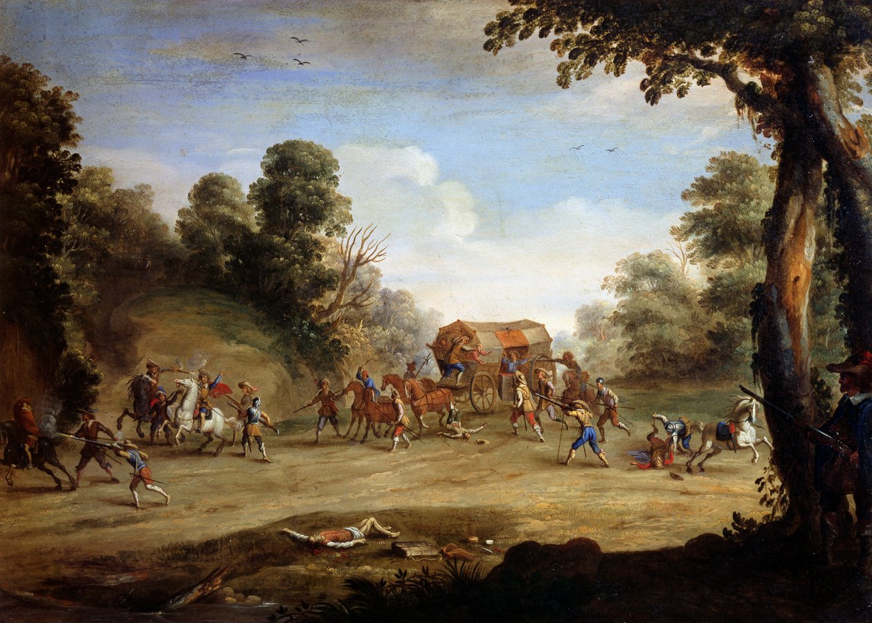 Life of a soldier, sacking of a coach by Jacques (after) Callot