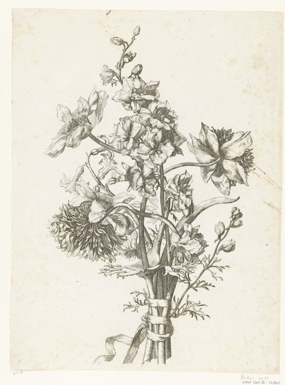 Bouquet with Anemones, a Hyacinth, and Larkspur (Diverses Fleurs mises en Boucquets) by Jacques Bailly (I)