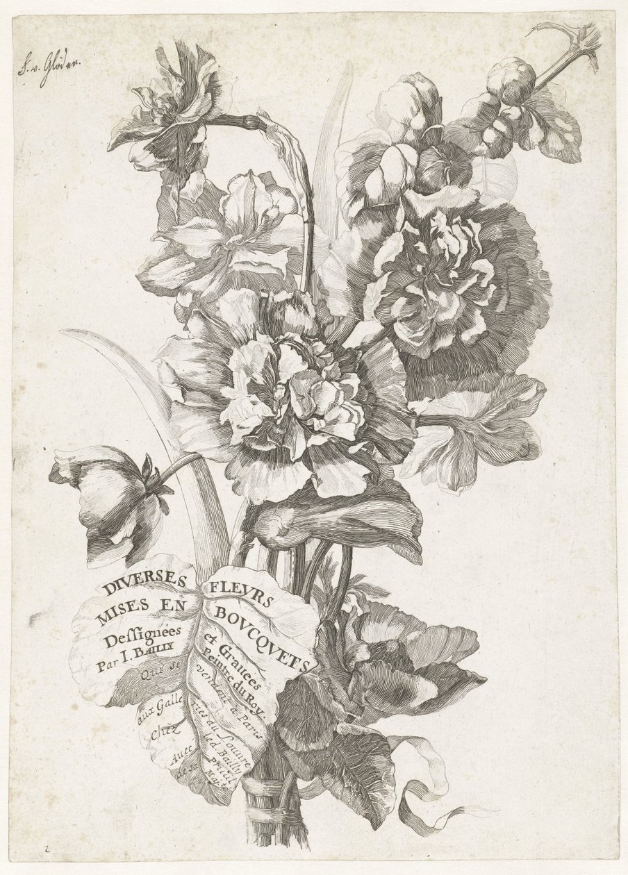 Title Page with a Bouquet of Peonies (Various Flowers Arranged in Bouquets) by Jacques Bailly (I)