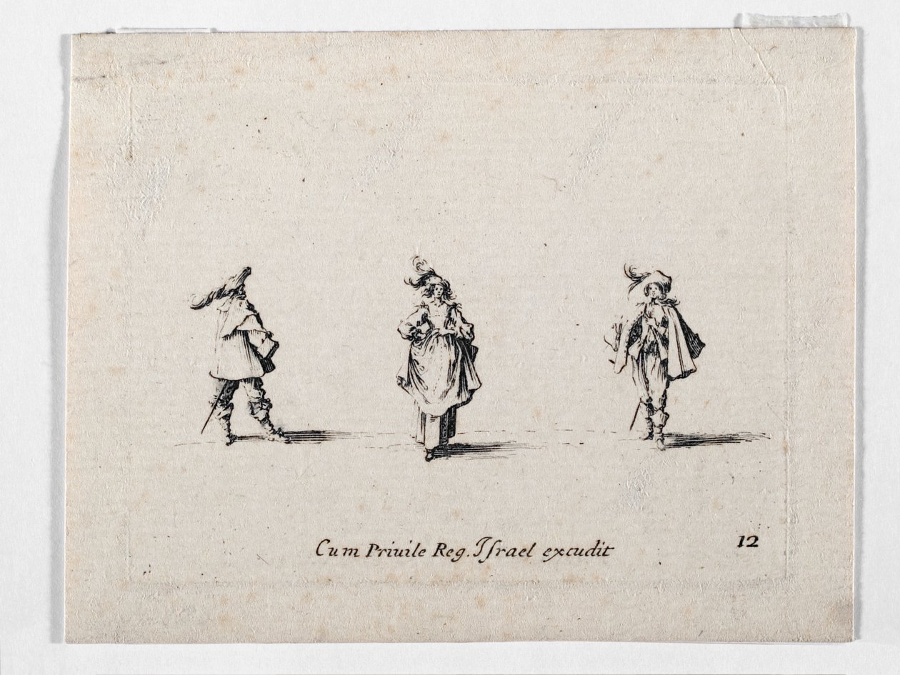 A Lady with a Plumed Hat and Two Cavaliers (engraving) by Jacques Callot