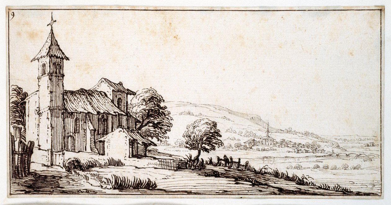 A River Landscape Close to Nancy, with Maxeville Village Church and Another in the Middle Distance, from an Album Belonging to Israel Silvestre, c.1630 by Jacques Callot