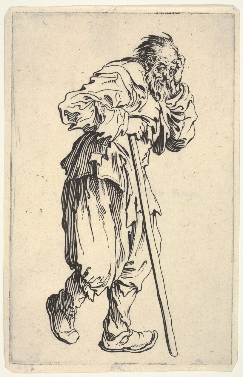 Bearded Man, Dressed in Rags, Holding His Head with One Hand and a Walking Stick with the Other, from "The Beggars" by Jacques Callot