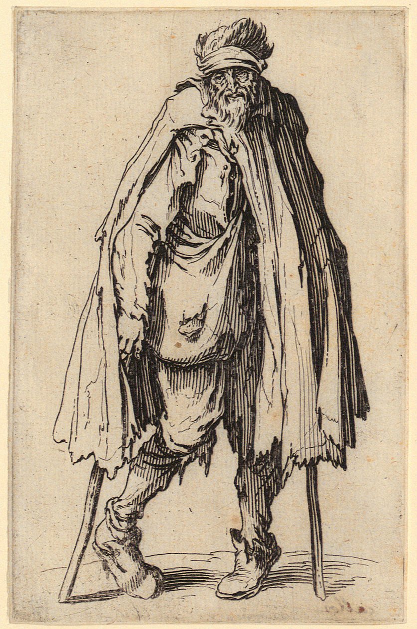 Beggar with Crutch and Shoulder Bag, Plate 10 from the series “The Beggars” by Jacques Callot