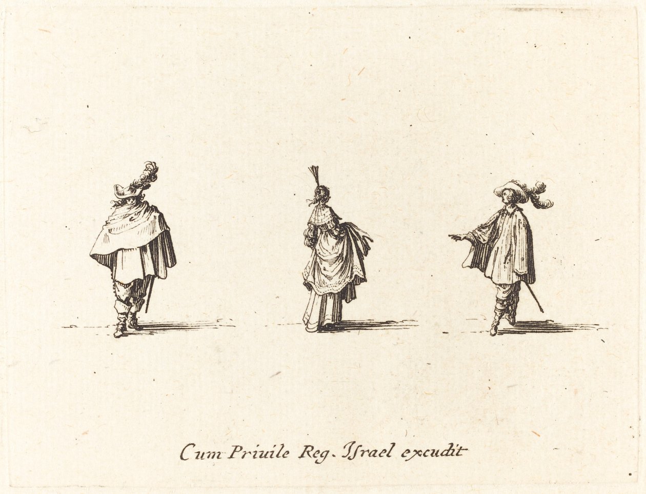 Lady with Dress Gathered Up, and Two Gentlemen by Jacques Callot