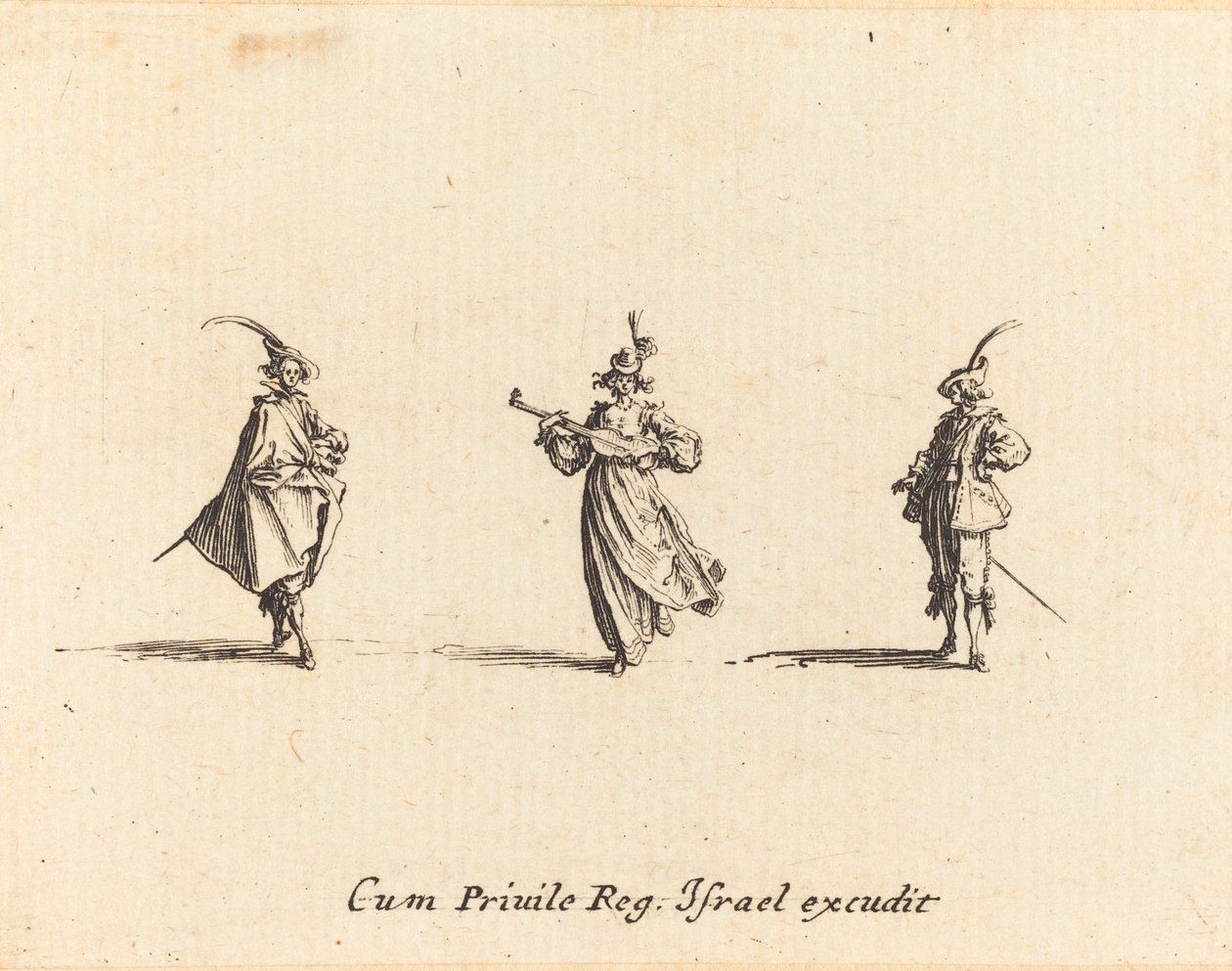 Lady with String Instrument, and Two Gentlemen by Jacques Callot