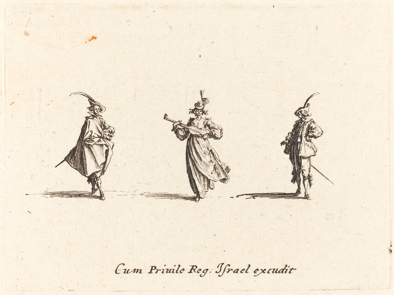 Lady with String Instrument, and Two Gentlemen by Jacques Callot