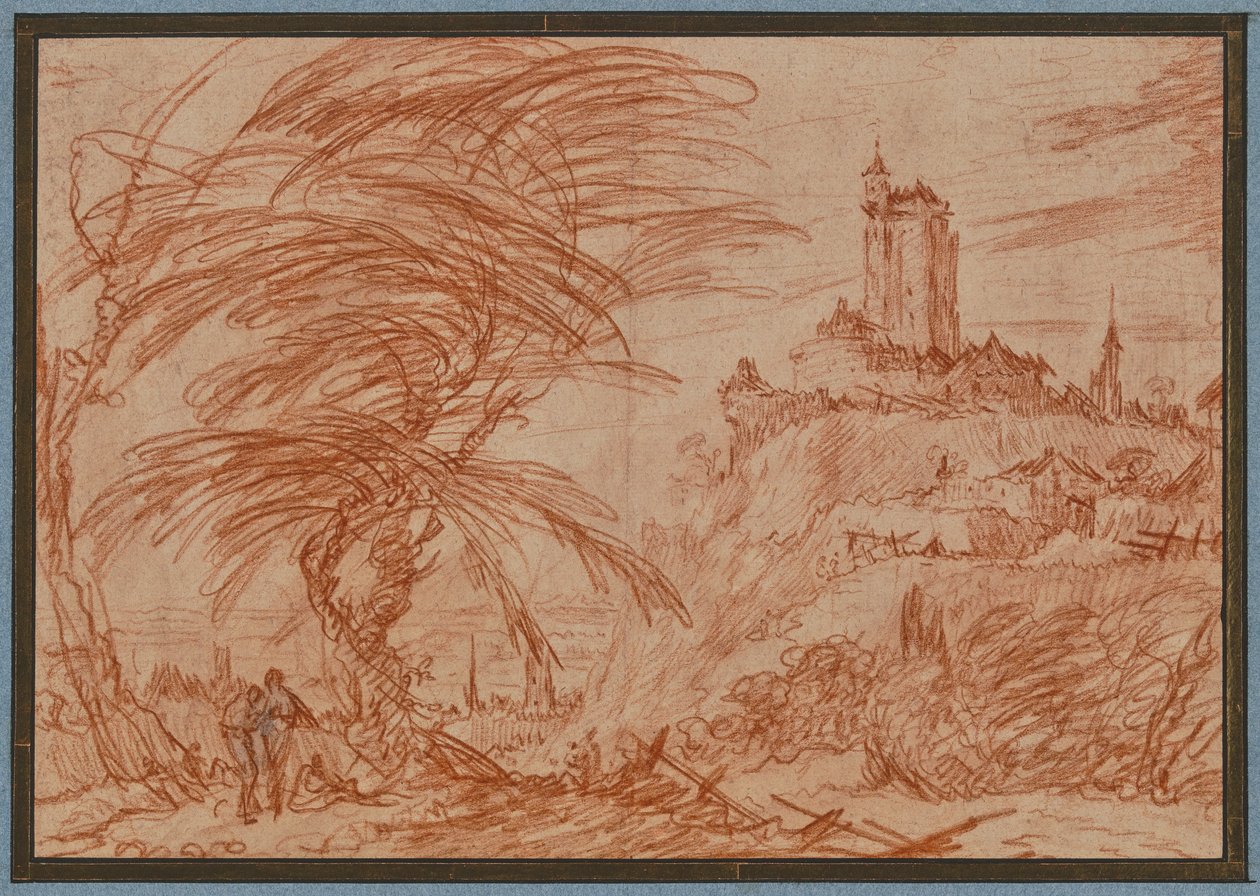 Landscape, Right on a Hill a Large Tower, Left a Group of Trees and Some Figures by Jacques Callot