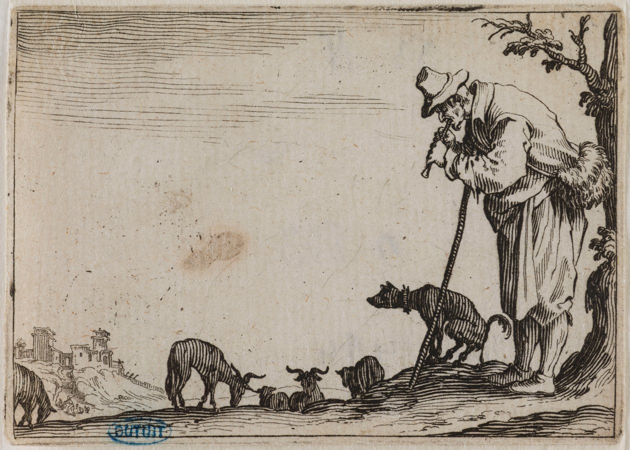 The Caprices, The Shepherd Playing the Flute. Thirty-seventh Number of the Suite of 50 Pieces Engraved in Nancy (Lieure 464, Meaume 833) by Jacques Callot