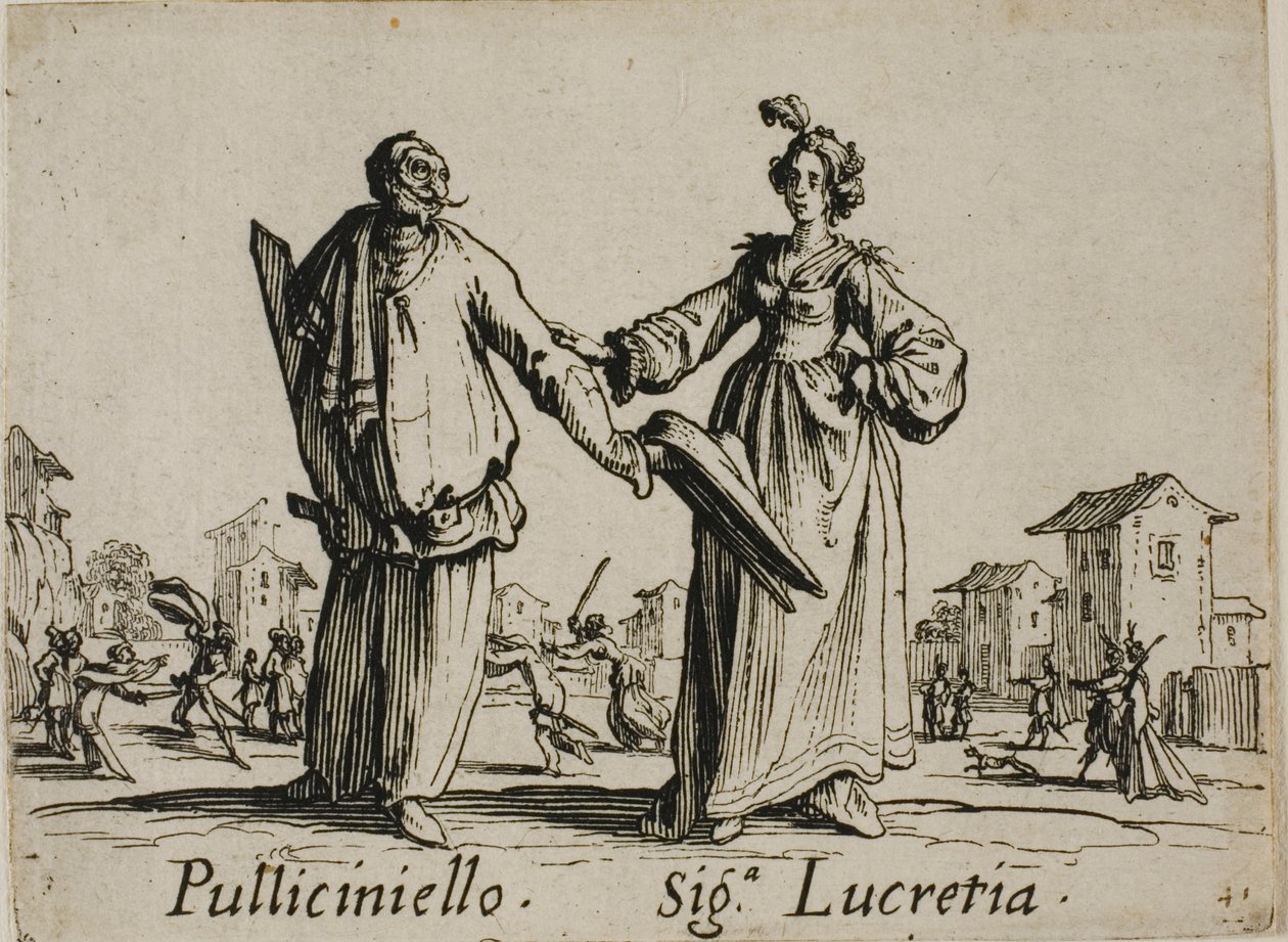 Pulliciniello - Lady Lucretia, plate 9 from Balli di Sfessania by Jacques Callot
