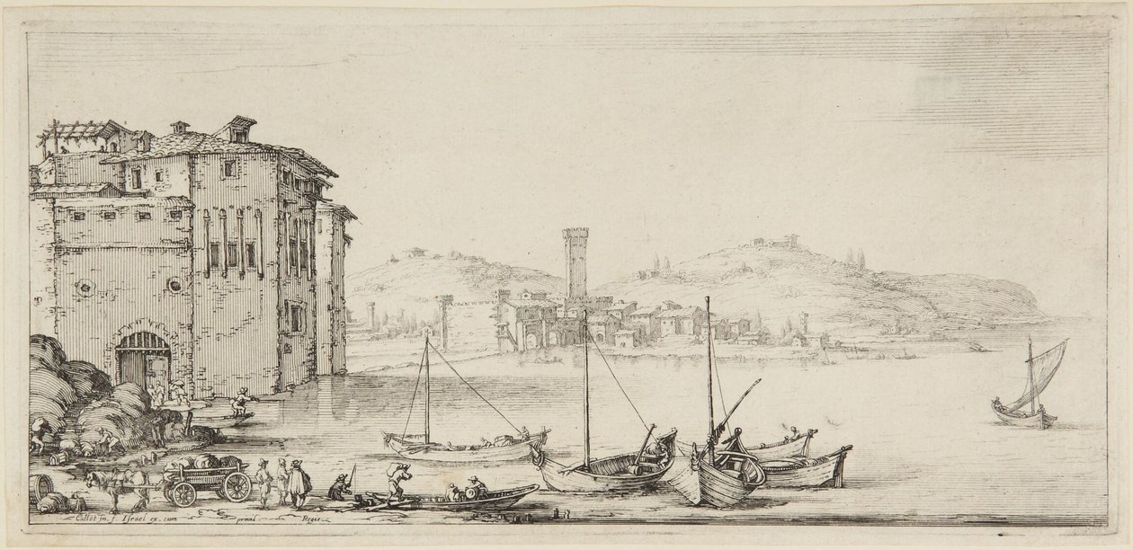 Ships Being Loaded, from the series Diverse Vedute Designate in Fiorenza (Diverse Landscapes Designed in Florence) by Jacques Callot