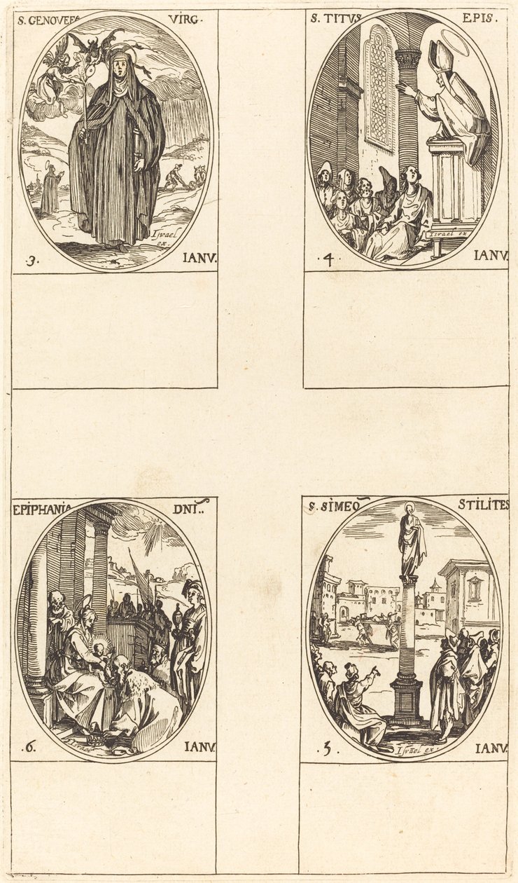 St. Genevieve; St. Titus; St. Simeon Stylites; Epiphany by Jacques Callot