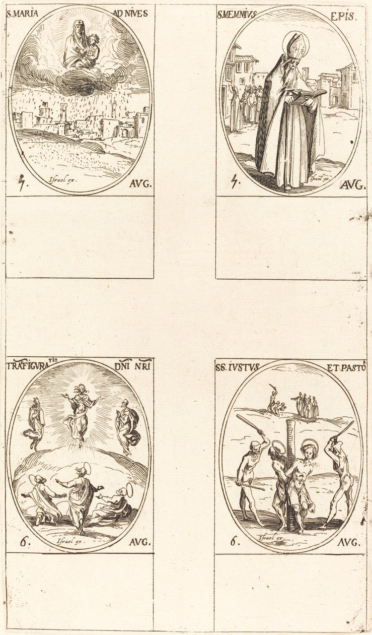 St. Mary of Snow; St. Memmius, Bishop; The Transfiguration; Sts. Justus and Pastor by Jacques Callot