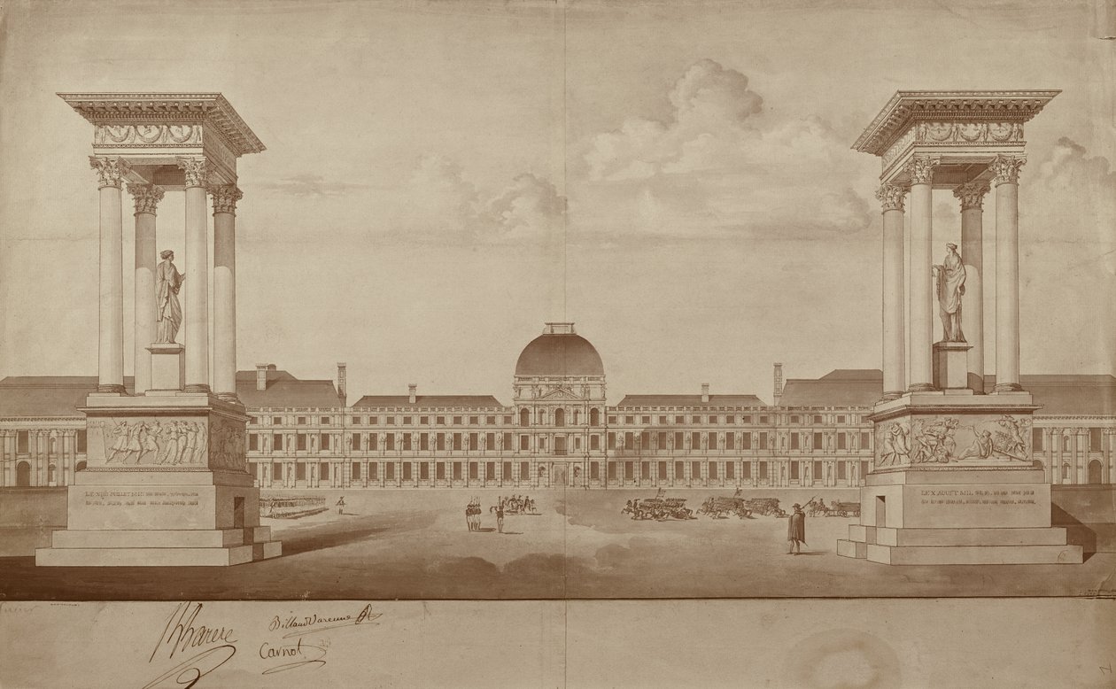 Plan for the monuments commemorating 14th July and 10th August, to be placed at Place du Carrousel by Jacques Delannoy