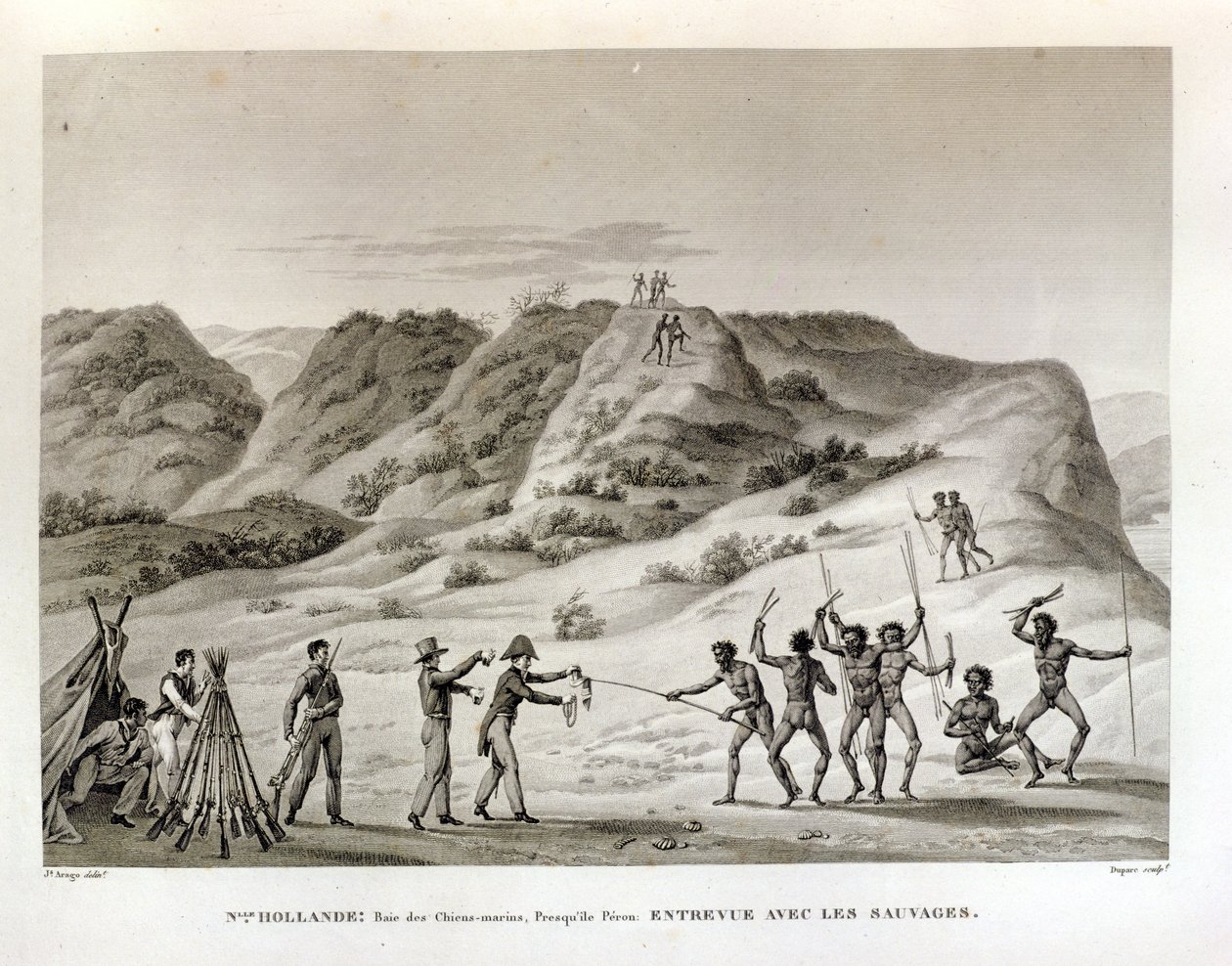 Shark Bay, Peron Peninsula, New Holland: Meeting with the Natives by Jacques Etienne Victor Arago