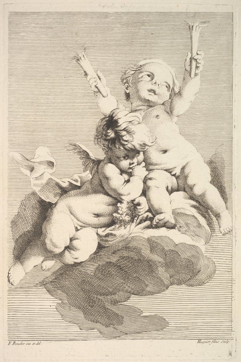Two Cupids, One Holding Torches by Jacques Gabriel Huquier