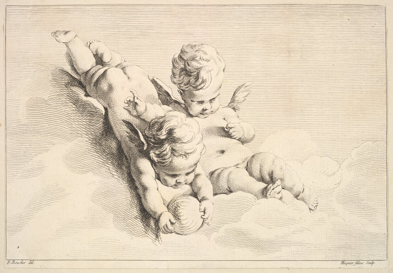 Two Cupids, One Holding a Ball by Jacques Gabriel Huquier