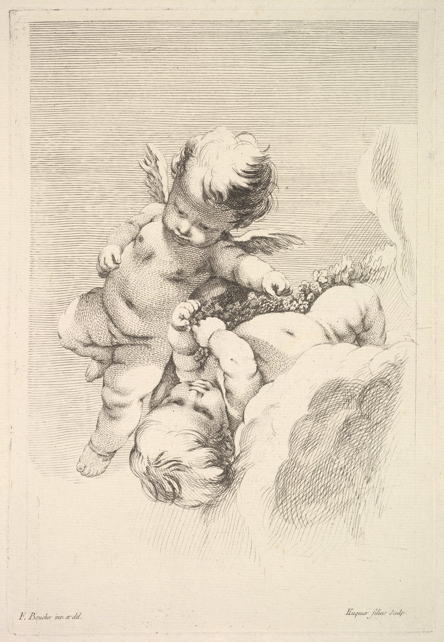 Two Cupids, One Holding a Wreath, mid to late 18th century by Jacques Gabriel Huquier