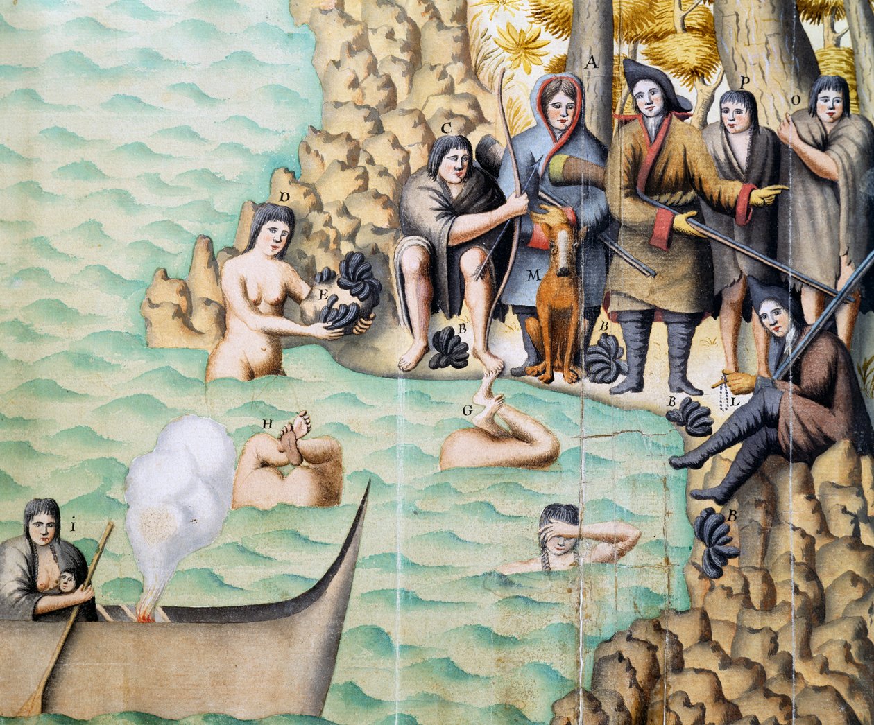 Native Women Catching Shellfish in Strait of Magellan, Watercolour by Duplessis during Jacques Gouin de Beauchesne