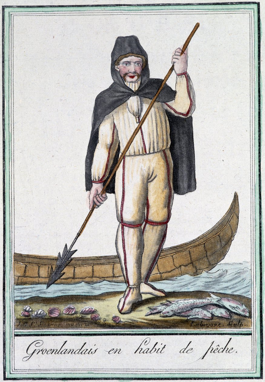 Greenlander in fishing outfit - in Encyclopedia of Travels by Grasset Saint Sauveur, ed. Paris 1796 by Jacques Grasset de Saint Sauveur