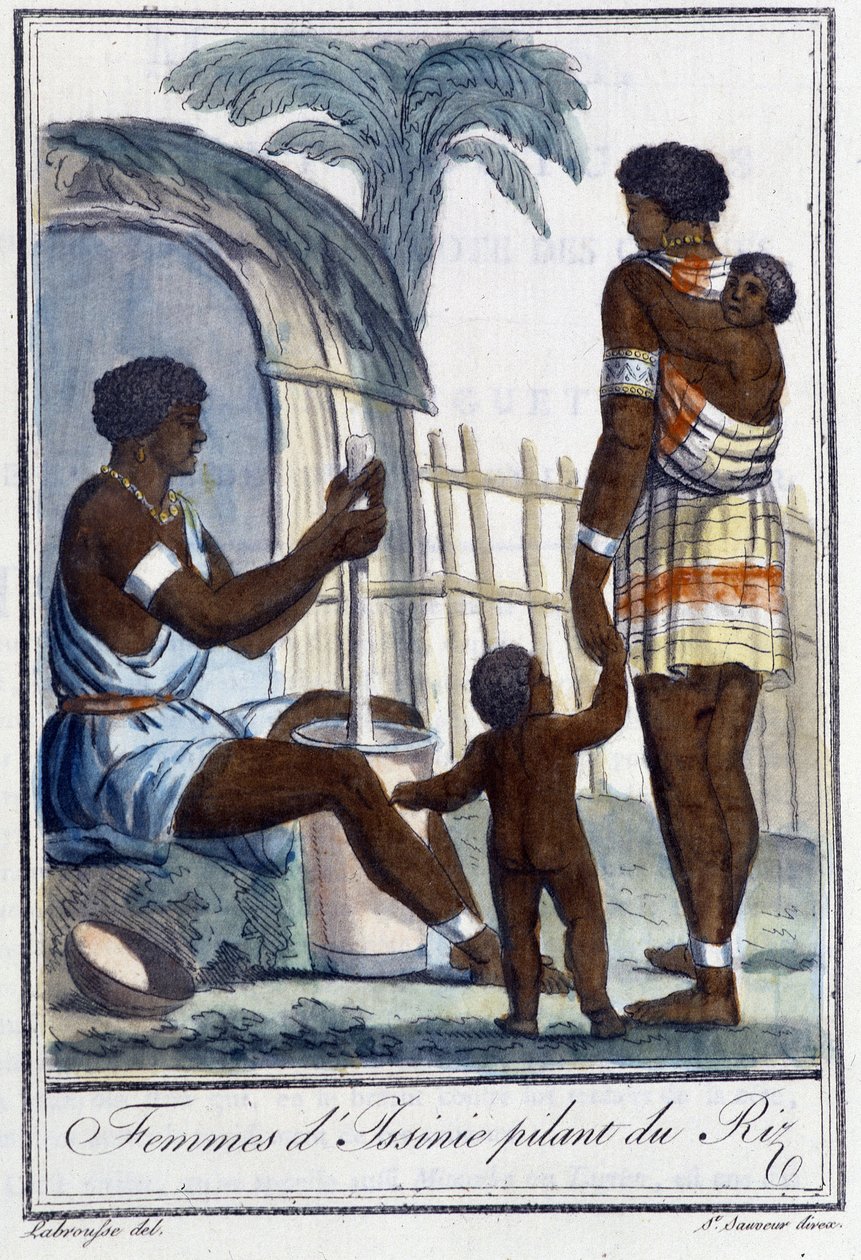 Women of Issinie pounding rice - in Encyclopedia of Travels by Grasset St Sauveur, ed. 1796 by Jacques Grasset de Saint Sauveur