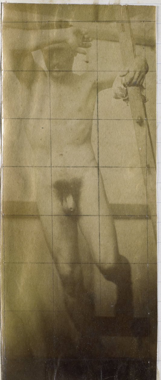 Study of a male nude model, hanging in a wooden structure, in the studio of Jacques de Lalaing by Jacques Lalaing (attributed to)
