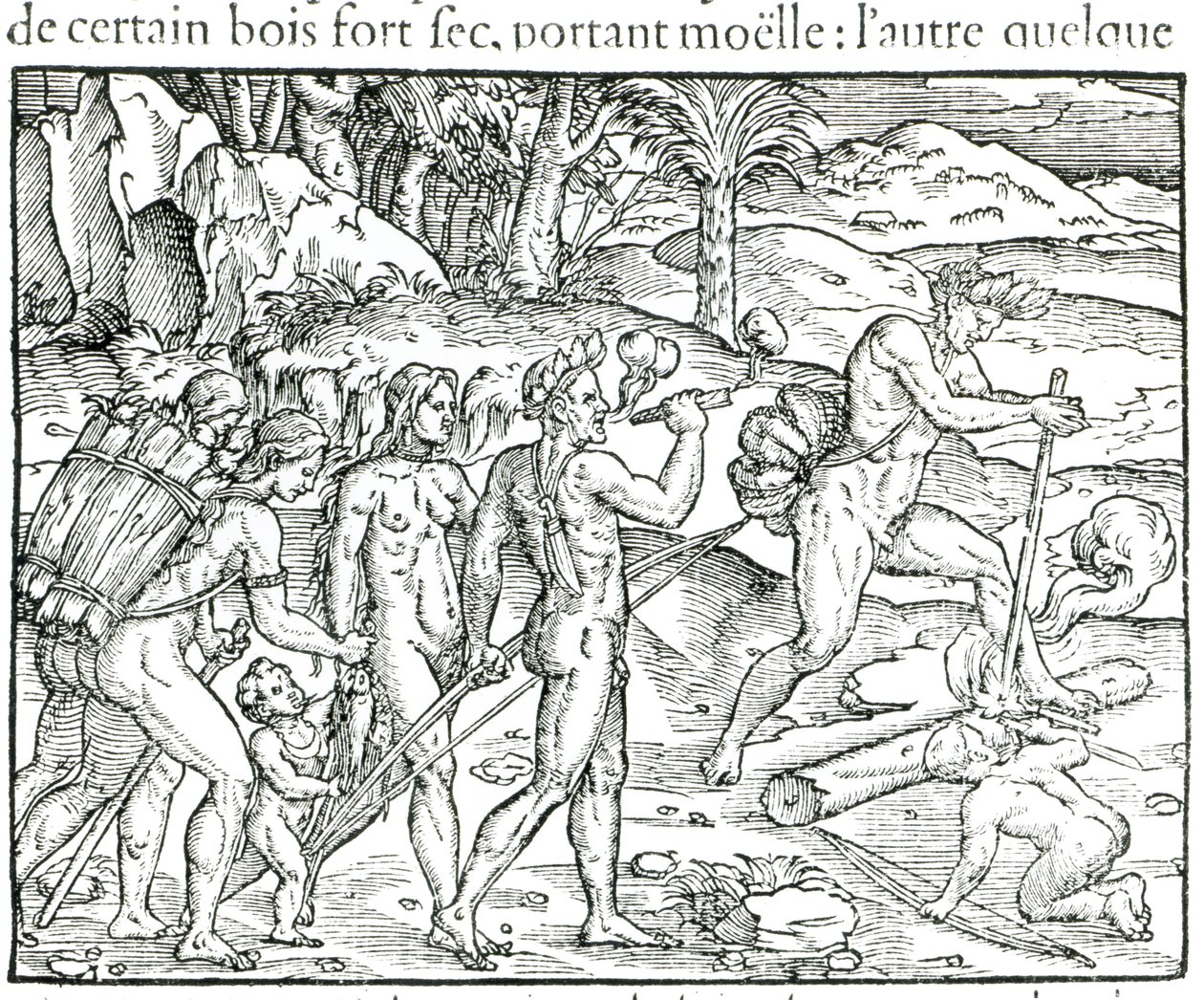 Indian Natives Making Fire After Hunting, engraved by Theodor de Bry by Jacques Le Moyne