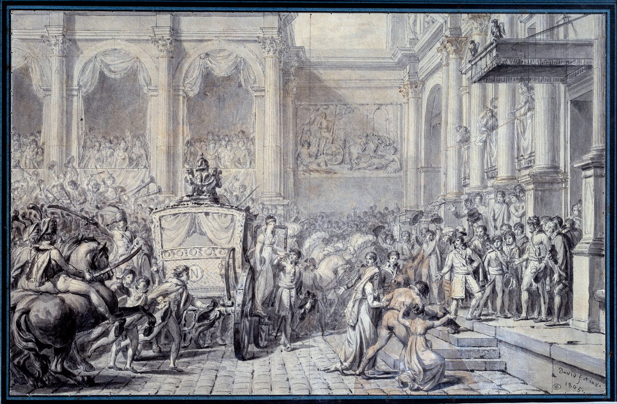 The arrival of the carriage of Emperor Napoleon I (1769-1821) at the Hotel de Ville de Paris on 16/12/1804 on the occasion of his government. Drawing by Jacques Louis David (1804) by Jacques Louis David