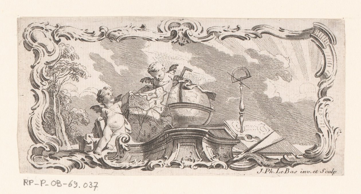 Vignette with Two Putti with Map, Globe, and Measuring Instruments by Jacques Philippe Le Bas