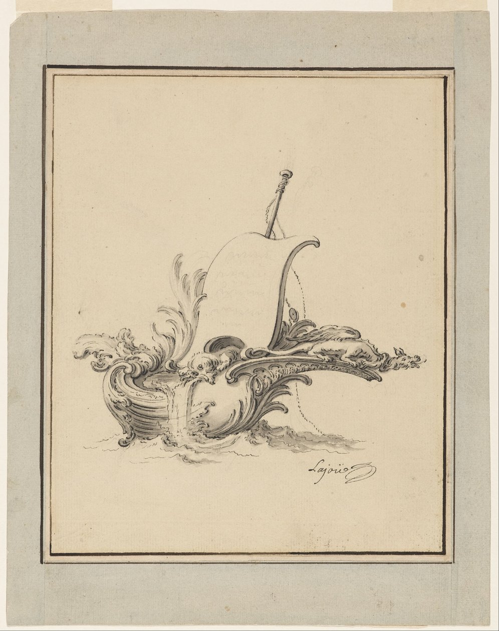 Design for an Escutcheon in Form of Boat with Sail, for Recueil Nouveau de Differens Cartouches by Jacques de Lajoüe