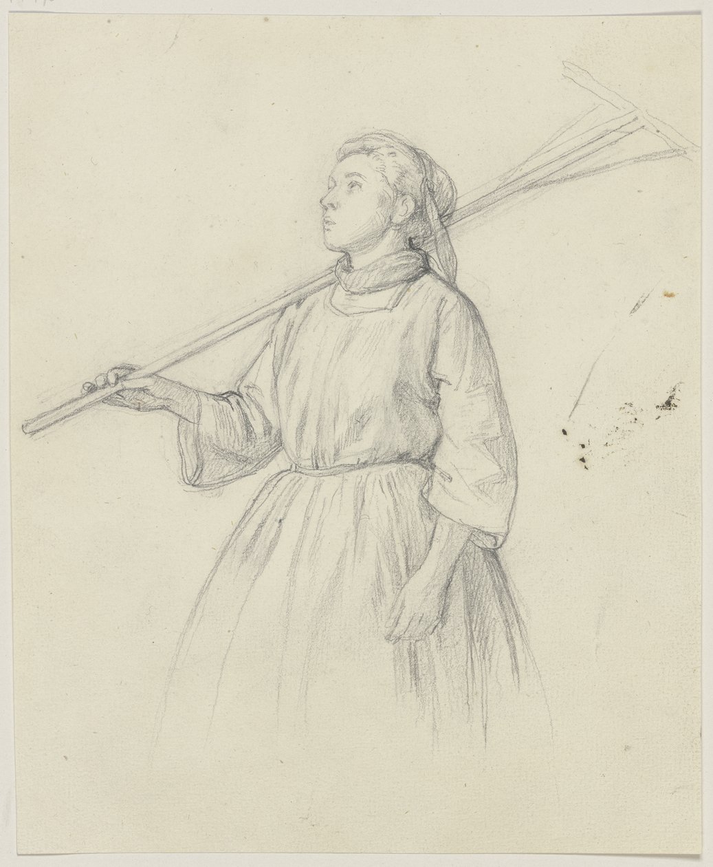 Peasant Girl Looking Up with a Shouldered Rake by Jakob Becker